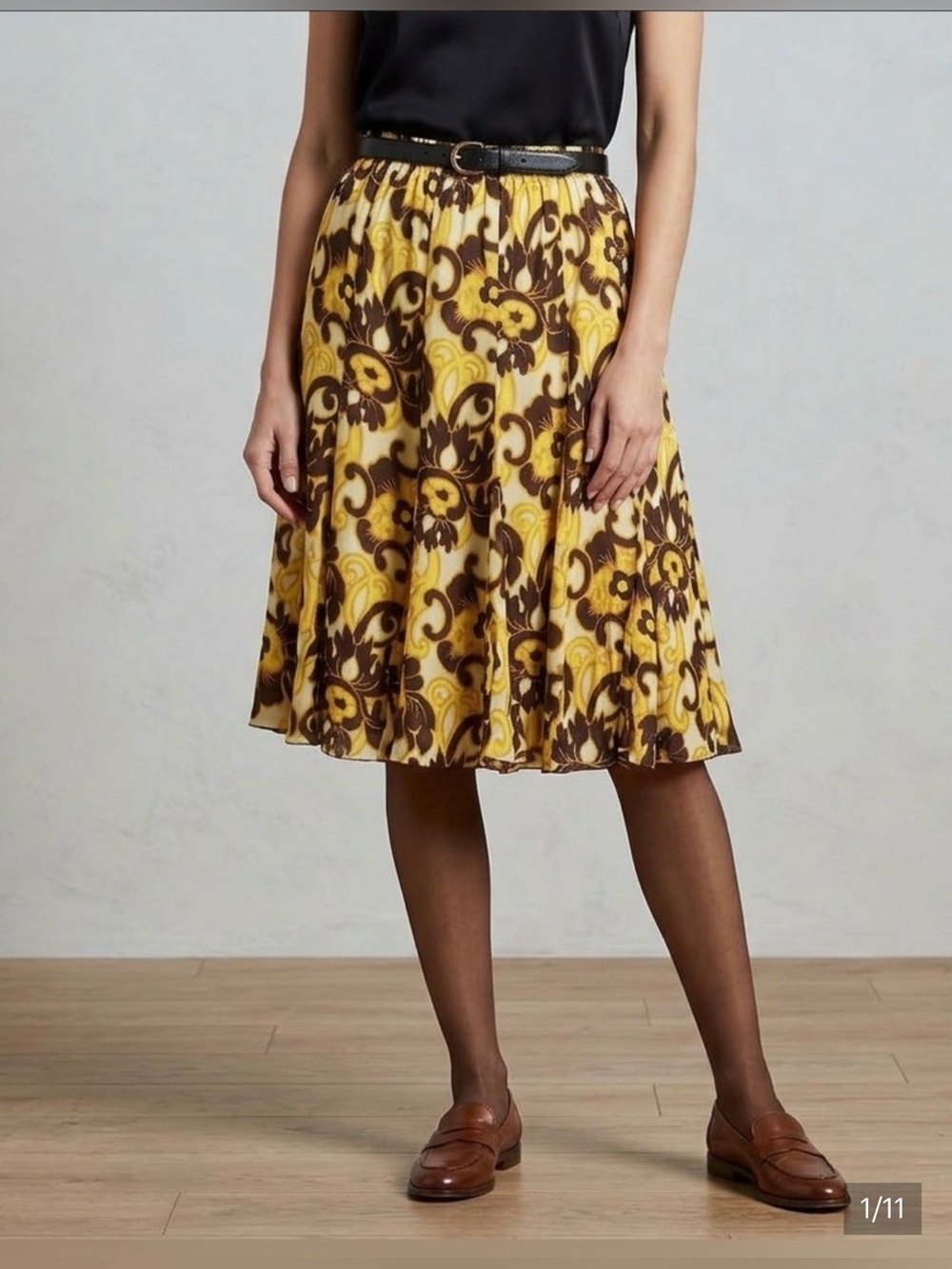 Rafael Essential Full Midi Skirt XL Crinkle Floral Summer Elastic Waist yellow